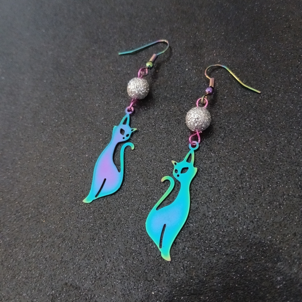 Titanium Rainbow Elegant Cat Hypoallergenic Dangle Earrings New Colorful Cute - Picture 3 of 5